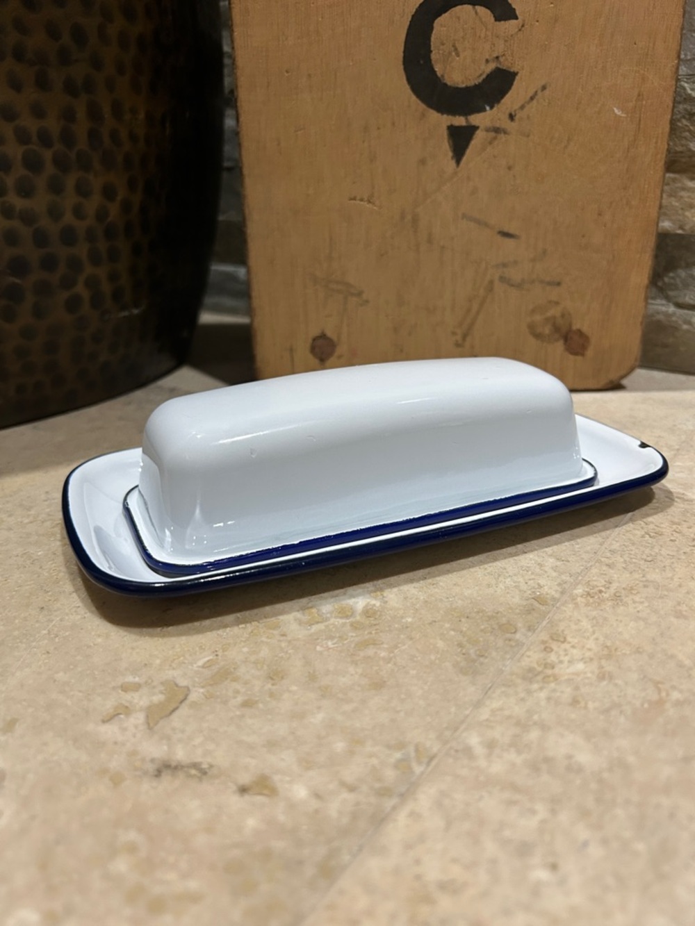 White Ceramic Butter Dish with Navy Rim